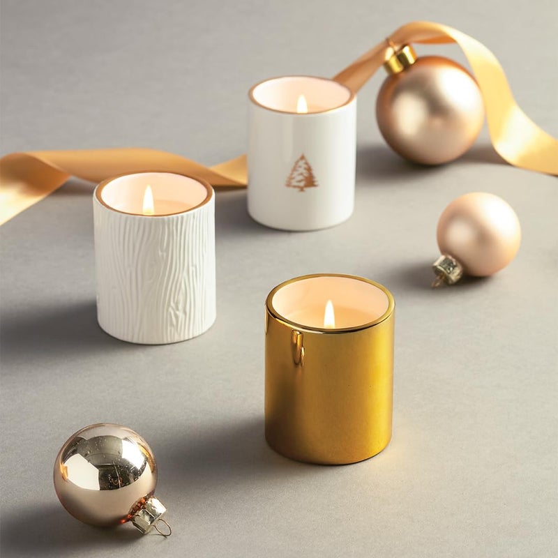 Thymes Frasier Fir Votive Candles - Gilded Collection - Crisp Just-Cut Forest Fragrance - Set of Three Holiday Candles - Wood Grain, Gold, and White - Gifts for Women & Men (3 oz Each, Pack of 3) - Image 2